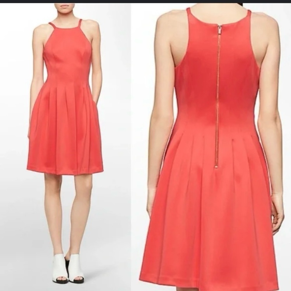 Calvin Klein Orange Pink Pleated Halter Mini Dress